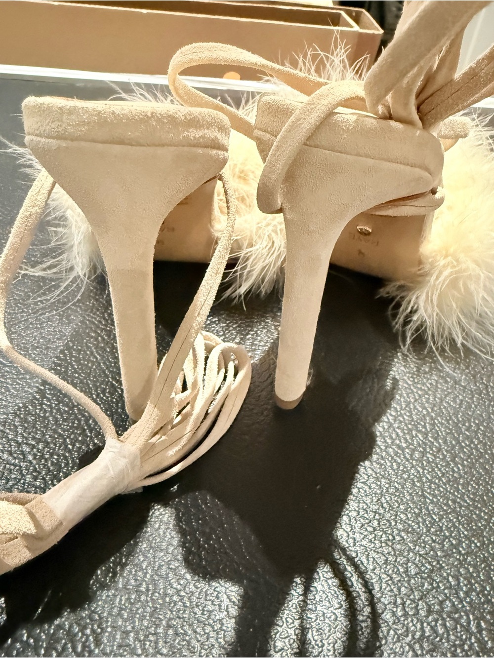 RAYE nude Suede Ankle-Tie Feather Pom High Heel Sandal NWT - Picture 5 of 6